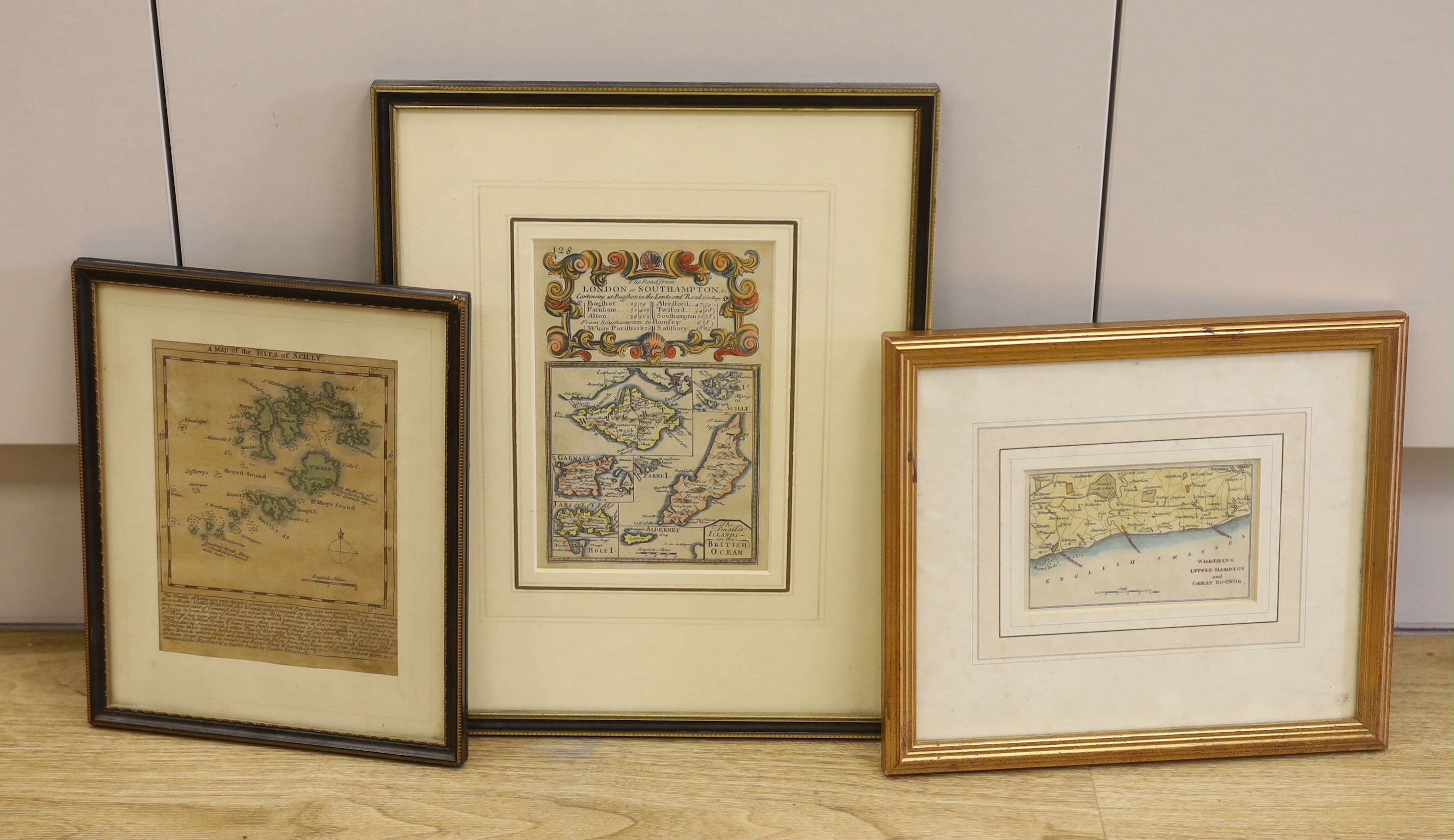 Three 18th/19th century maps including Worthing, Little Hampton and Great Bognor and The Isles of Sicily, largest 19 x 12cm